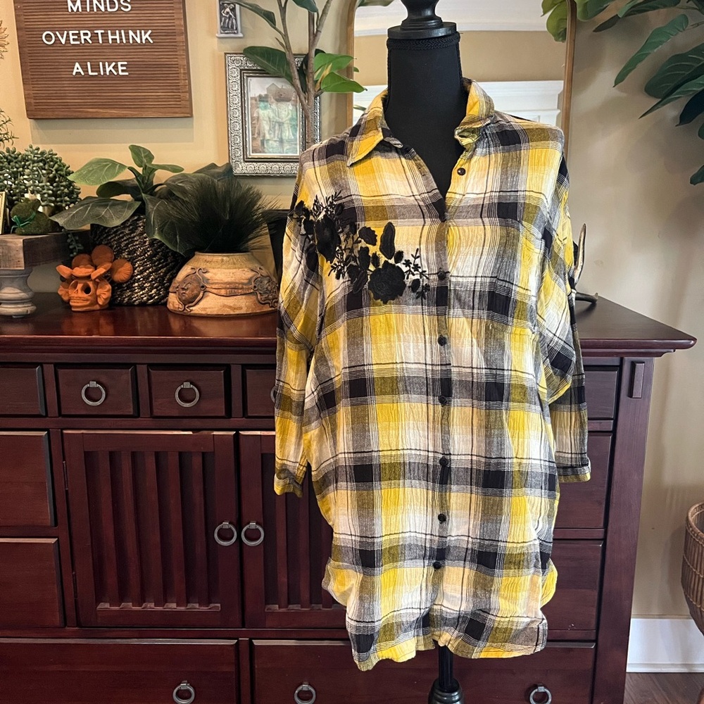 Anthropologie Maeve Oversized Yellow Plaid Button Down Shirt Sz XS / S